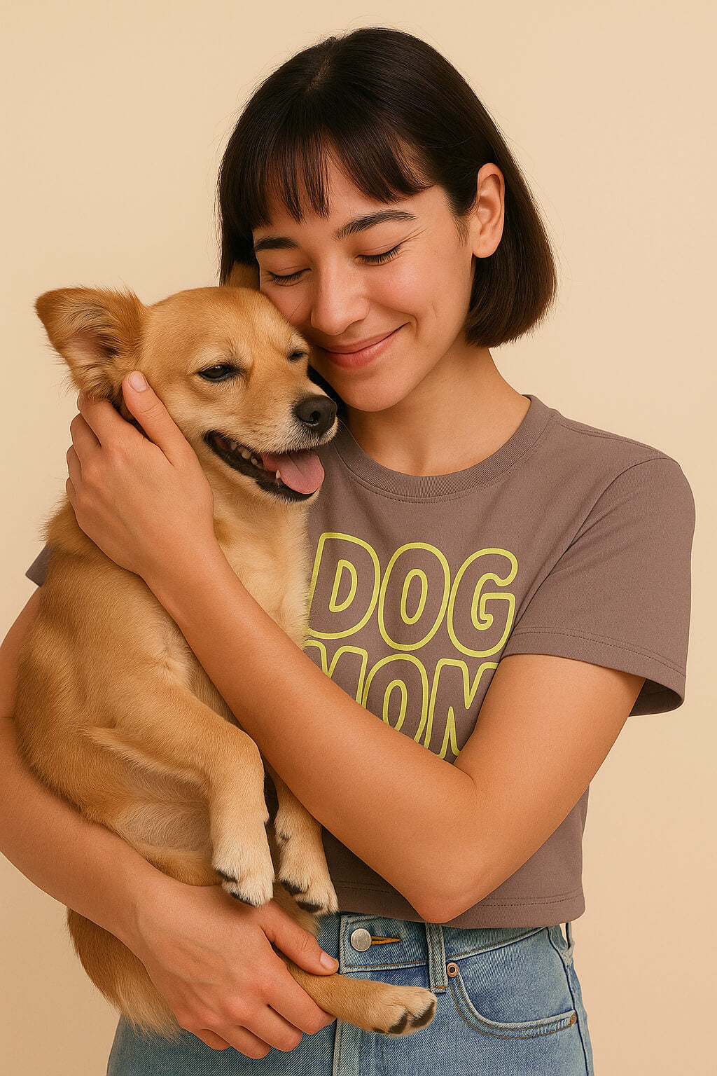 A smiling woman with short brown hair hugs a small tan dog, wearing the Oversized Dog Mom Crop Top from Dogloverclothing.com with DOG MOM in yellow-green letters. She embraces the Dog Mom Lifestyle against a beige background.