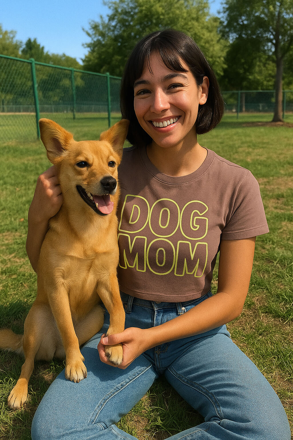 A smiling woman wears the Oversized Dog Mom Crop Top by Dogloverclothing.com while sitting on the grass at a park with her happy tan dog, embracing the Dog Mom lifestyle. Trees and a fence are visible in the background.