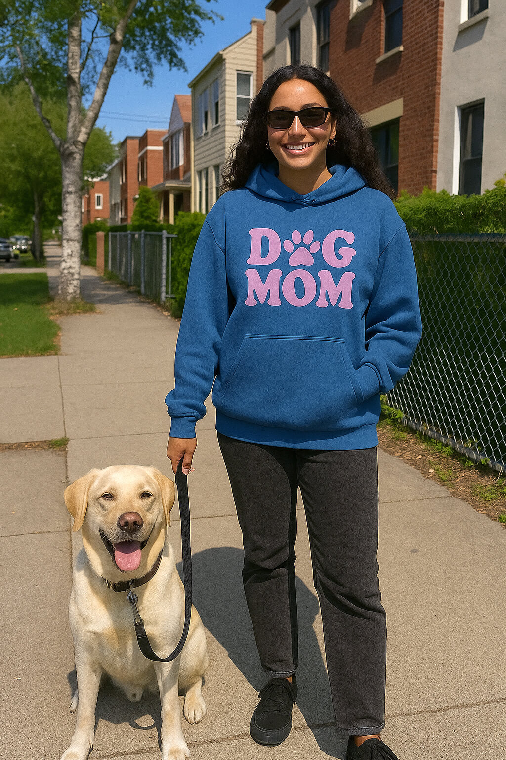 A woman in sunglasses smiles on a sidewalk, wearing the ultra-soft Dogloverclothing.com Dog Mom Hoodie with a cute paw-print design, while her yellow Labrador sits on a leash beside her. Houses and trees form the background.