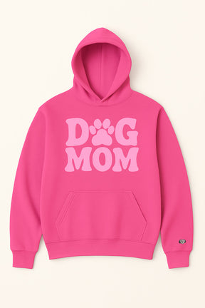 The Dog Mom Hoodie by Dogloverclothing.com is bright pink with “DOG MOM” in bold light pink letters on the front, featuring a unique paw print for the “O” and a convenient front pocket.