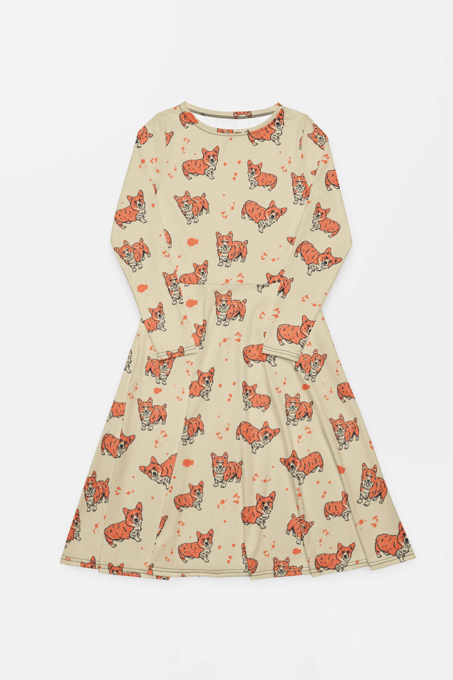 Cozy Corgi Long Sleeve Midi Dress