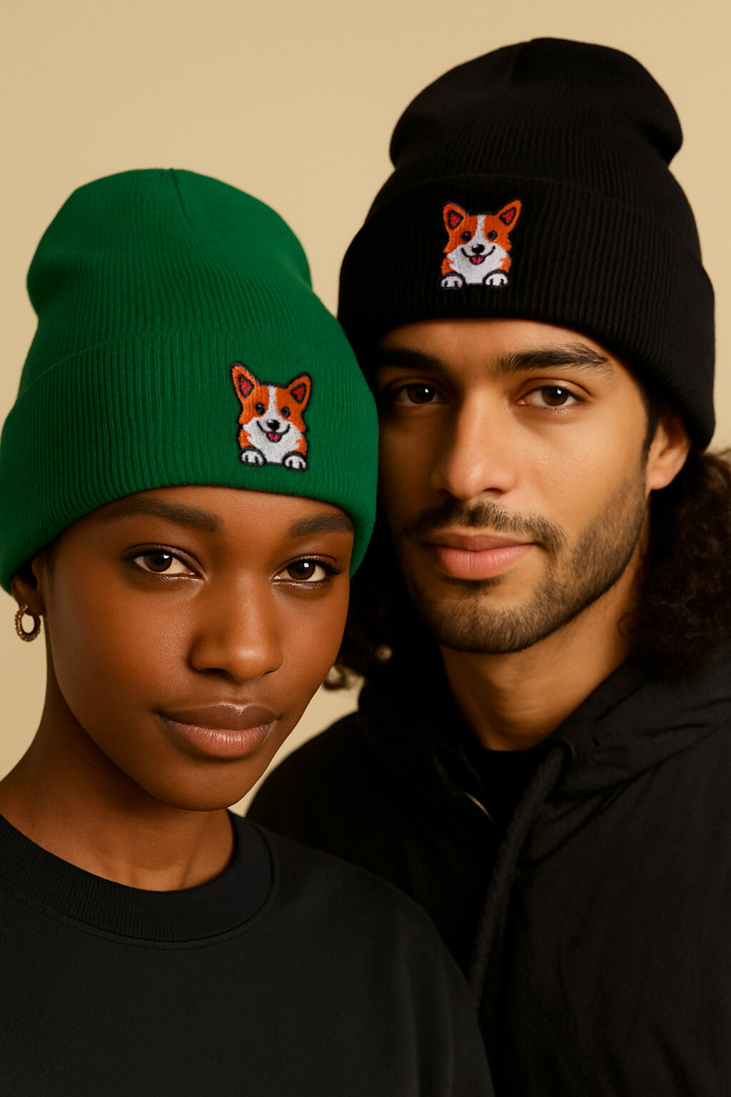 A woman in a green and a man in a black Cozy Corgi Patch Beanie from Dogloverclothing.com, both featuring adorable embroidered corgi faces, stand together against a neutral backdrop—ideal for dog lovers.