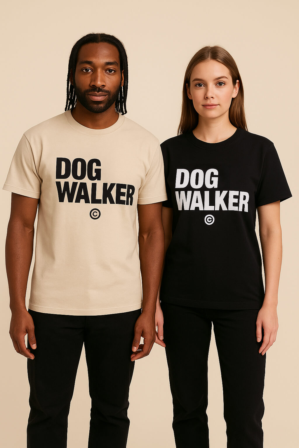 A man and a woman wear Dogloverclothing.coms Relaxed Dog Walker© Unisex T-Shirts with DOG WALKER on the front; his is beige, hers is black—both feature a comfortable, relaxed unisex fit.