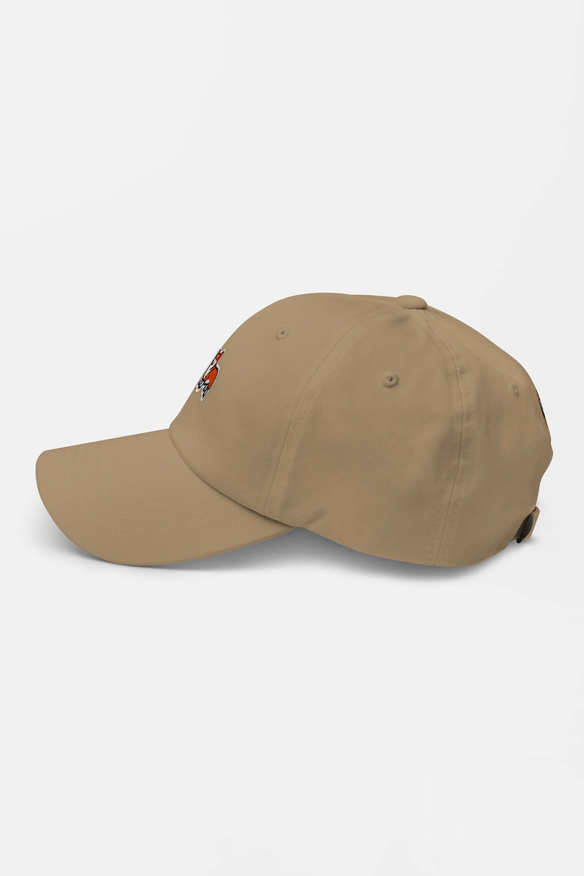 The Iconic Corgi Cap by Dogloverclothing.com is shown from the side on a white background, featuring a small embroidered design near the front and an adjustable strap—ideal for adding corgi cuteness to your collection.