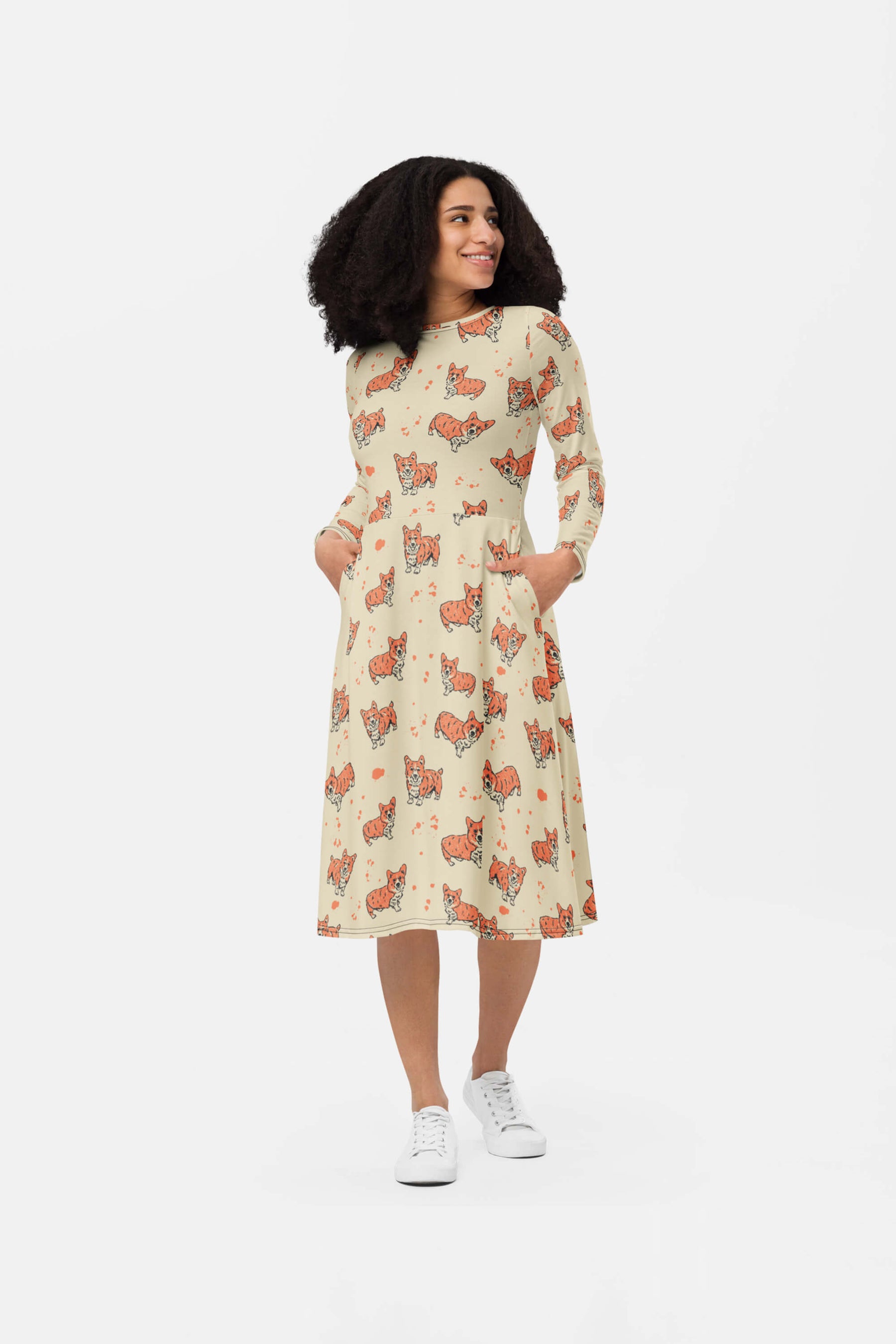 Cozy Corgi Long Sleeve Midi Dress