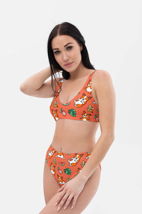 Tropical Corgi Splash Premium High-Waisted Bikini