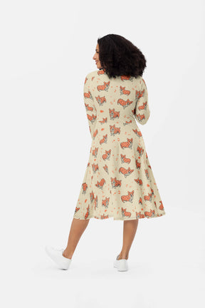 Cozy Corgi Long Sleeve Midi Dress