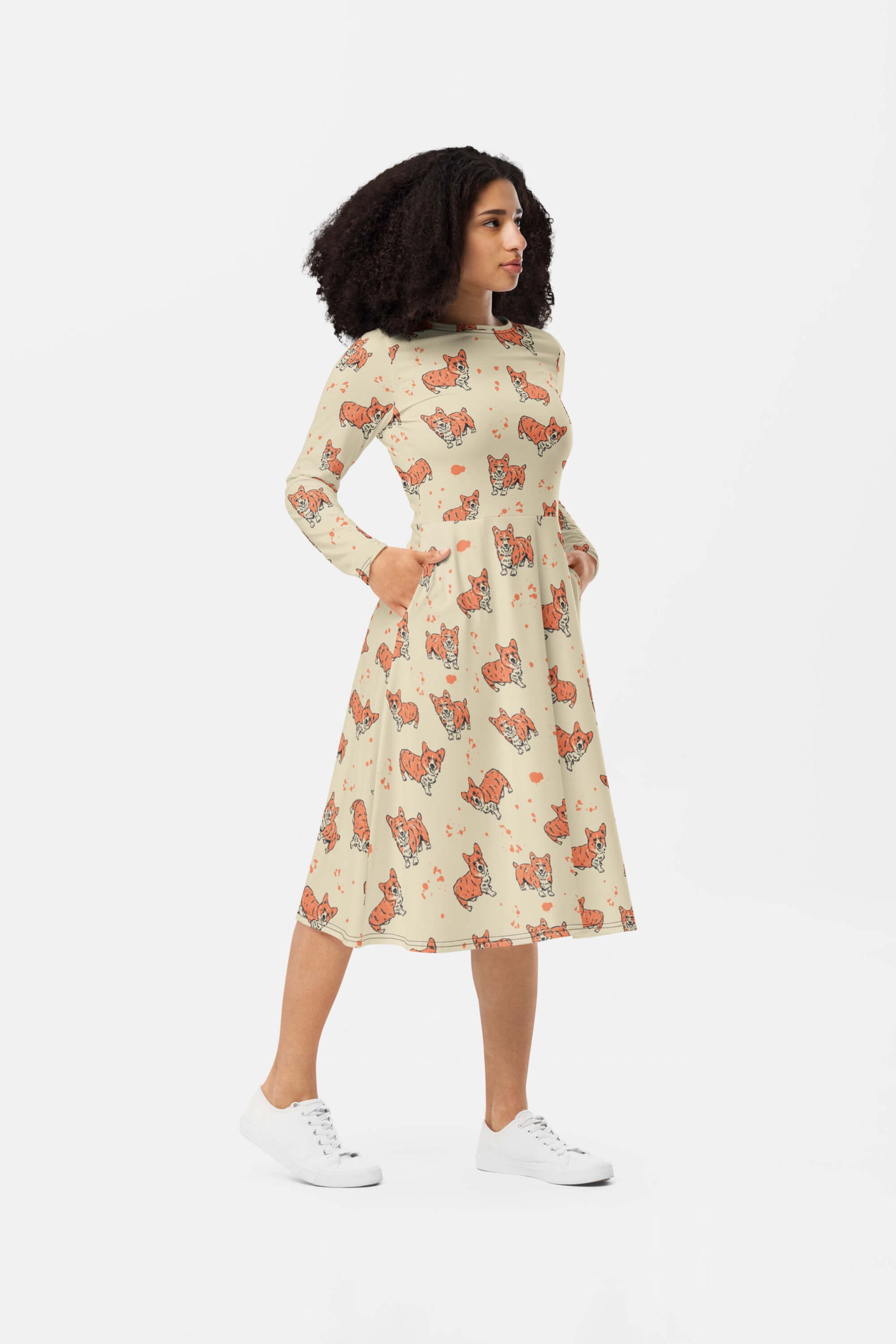 Cozy Corgi Long Sleeve Midi Dress