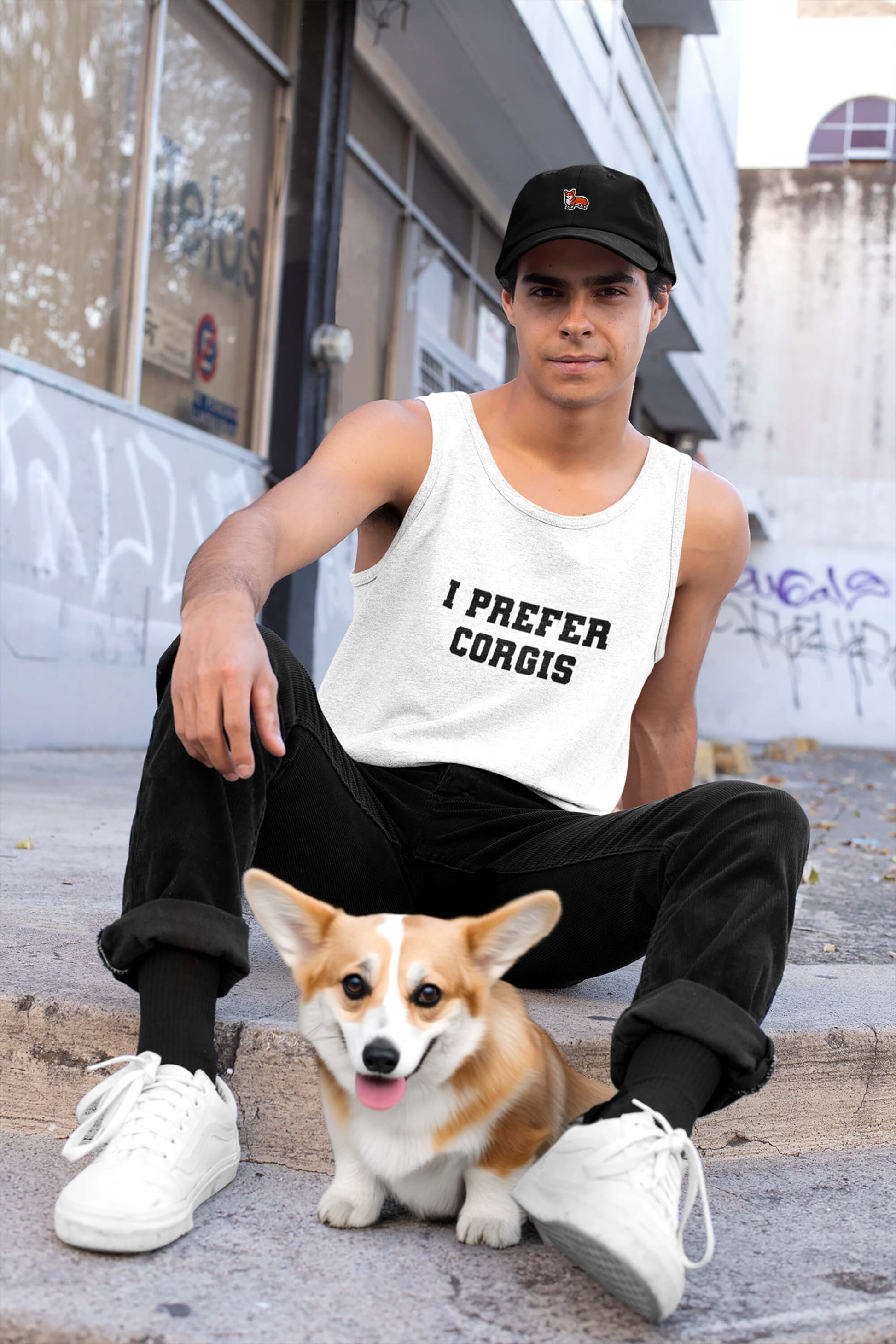 A young man wearing the Iconic I Prefer Corgis Super Tank Top from Dogloverclothing.com sits on outdoor steps beside a happy corgi, with graffiti and windows in the background.