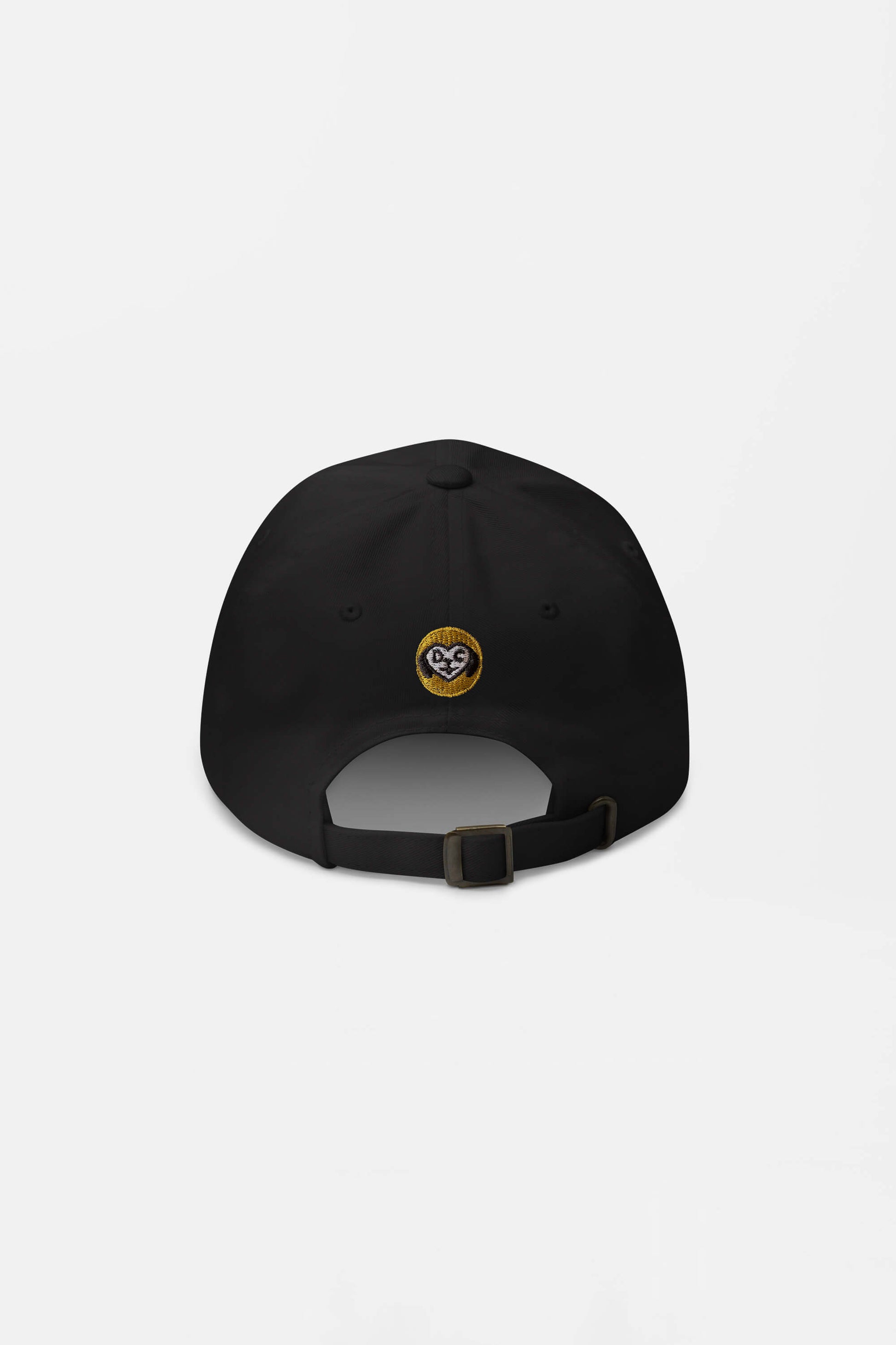 The Iconic Corgi Cap by Dogloverclothing.com is shown in black from the back, featuring an adjustable strap with metal buckle and a yellow-white embroidered logo—perfect for adding Corgi cuteness to your dogs headgear collection.