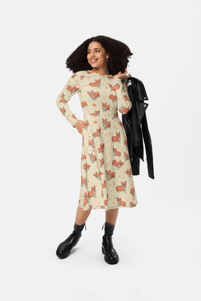 Cozy Corgi Long Sleeve Midi Dress