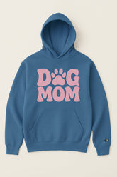 The Dog Mom Hoodie by Dogloverclothing.com features a blue design with a bold pink paw-print O, plus long sleeves and a front pocket—perfect for proud dog moms.